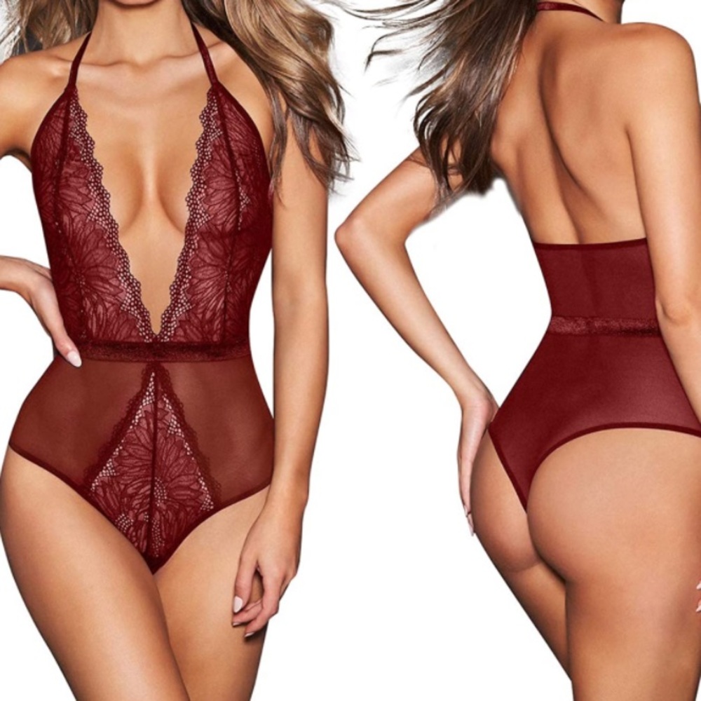Sexy Lingerie-Deep V Neck Backless Halter Teddy Bodysuit Lace Babydoll XXL - Picture 3 of 7